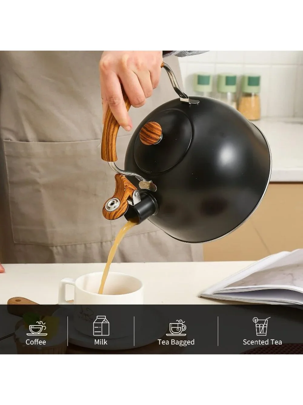 Black Kitchen Whistling Tea Kettle 2.5 Quart Stainless Steel Wood Folding Handle